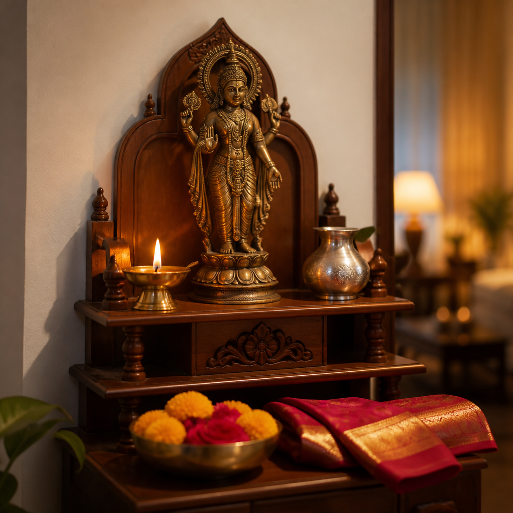 Hindu shrine with a standing deity statue on a wooden shelf beside a brass oil lamp and flowers.