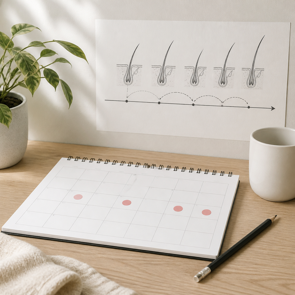 Desk calendar and pencil planning spaced sessions, illustrating timing between laser hair removal touch-up appointments.