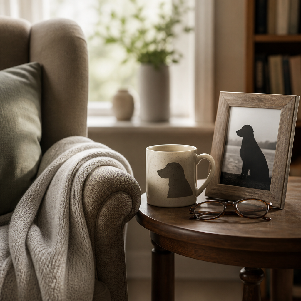 Cozy senior's armchair with a plain knit blanket and a ceramic memorial mug beside a framed pet photo