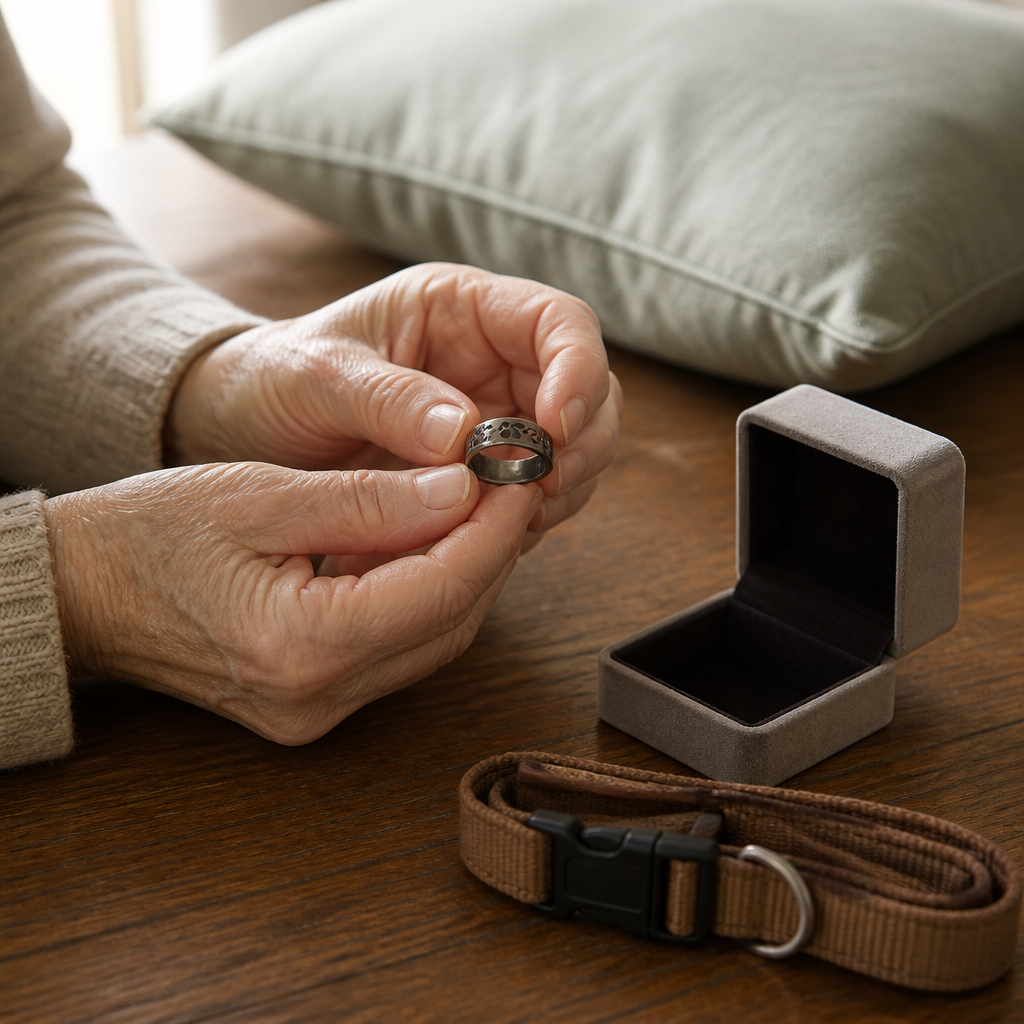 Older person's hands holding a small keepsake ring beside a folded pet collar on a wooden table