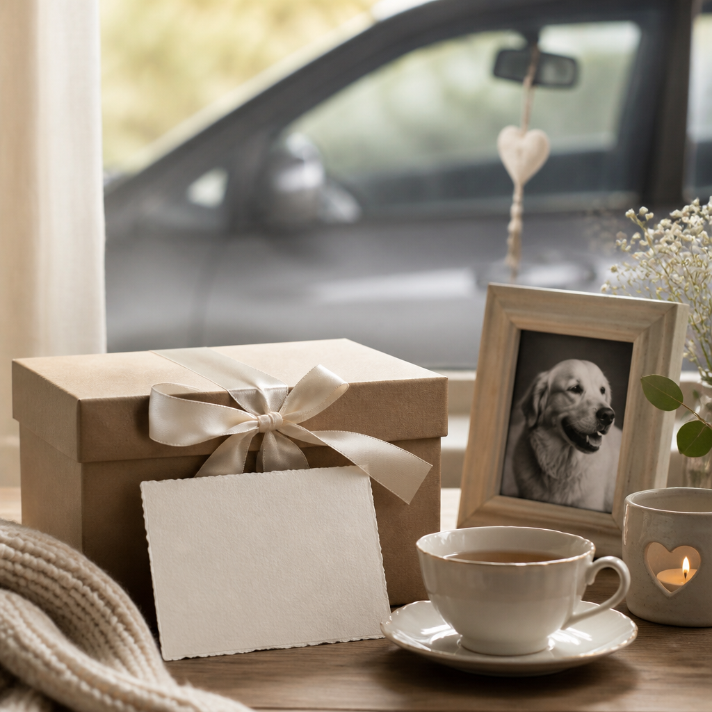 Wrapped memorial gift box with a blank card and tea on a kitchen table, gift for an elderly pet owner