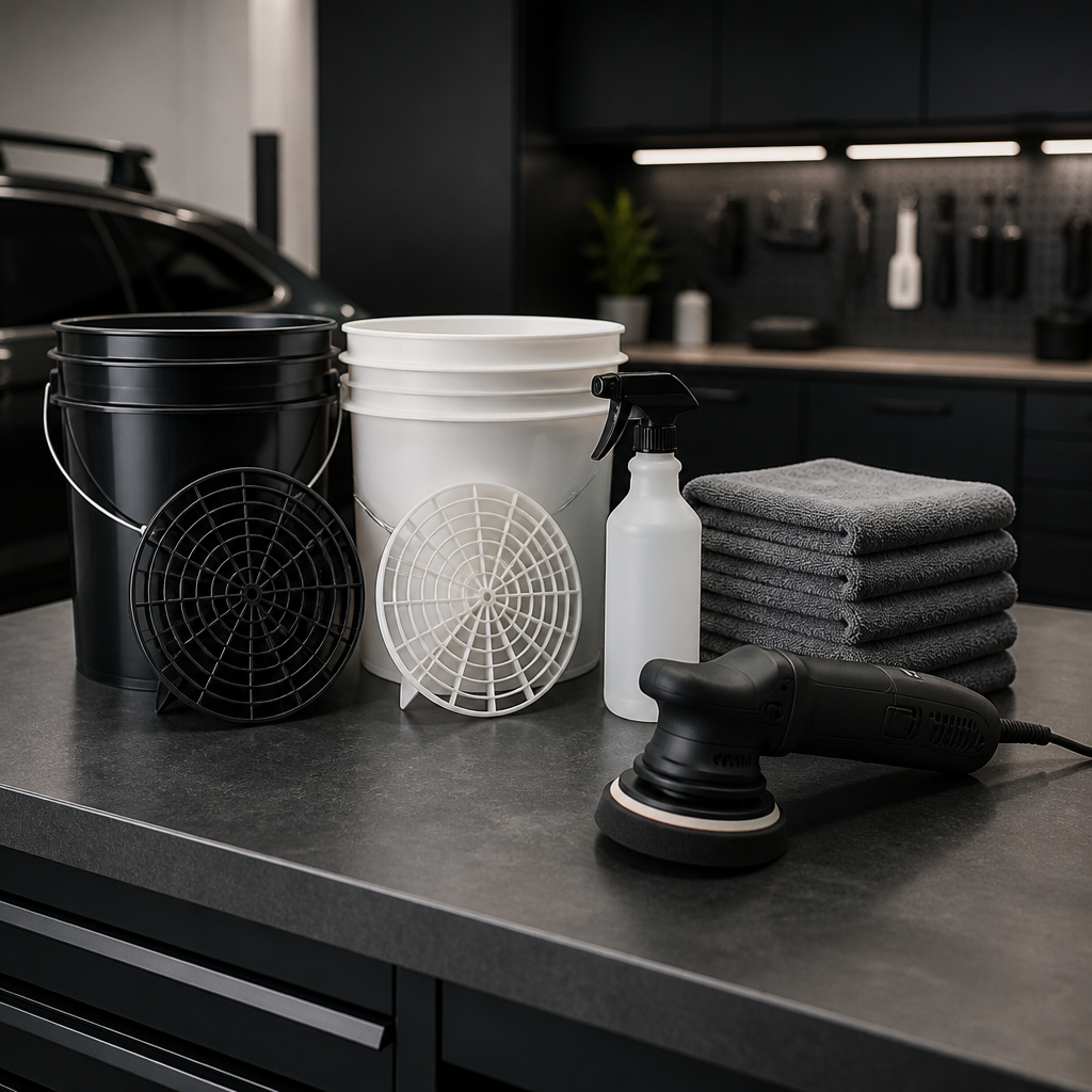Two-bucket wash setup with grit guards and microfiber towels, used to prevent dark paint swirl marks.