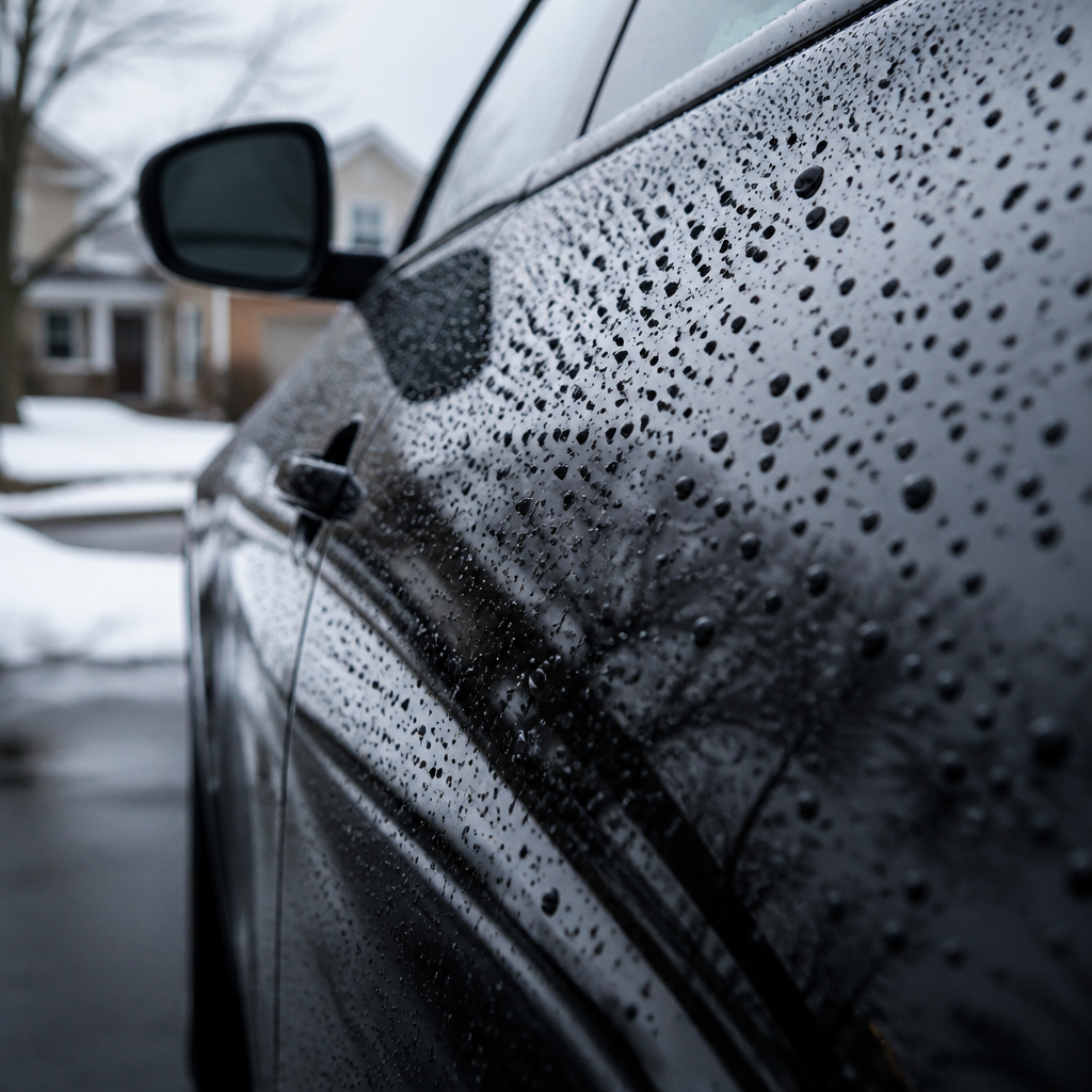 Water beading on a black car's glossy paint after a black car ceramic coating in the Chicago suburbs.