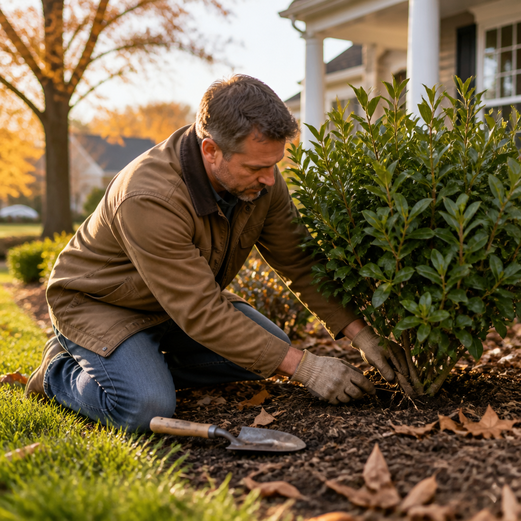 Homeowner kneeling to inspect the base of a shrub at soil level during a fall shrub health check in Alabama