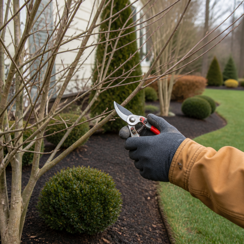 Gloved hand with pruning shears checking shrub branches and canopy in a mulched landscape bed