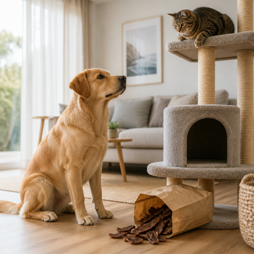 Dog and cat in a living room sharing a moment near plain air-dried meat treats on the floor, illustrating treats for dogs and cats.