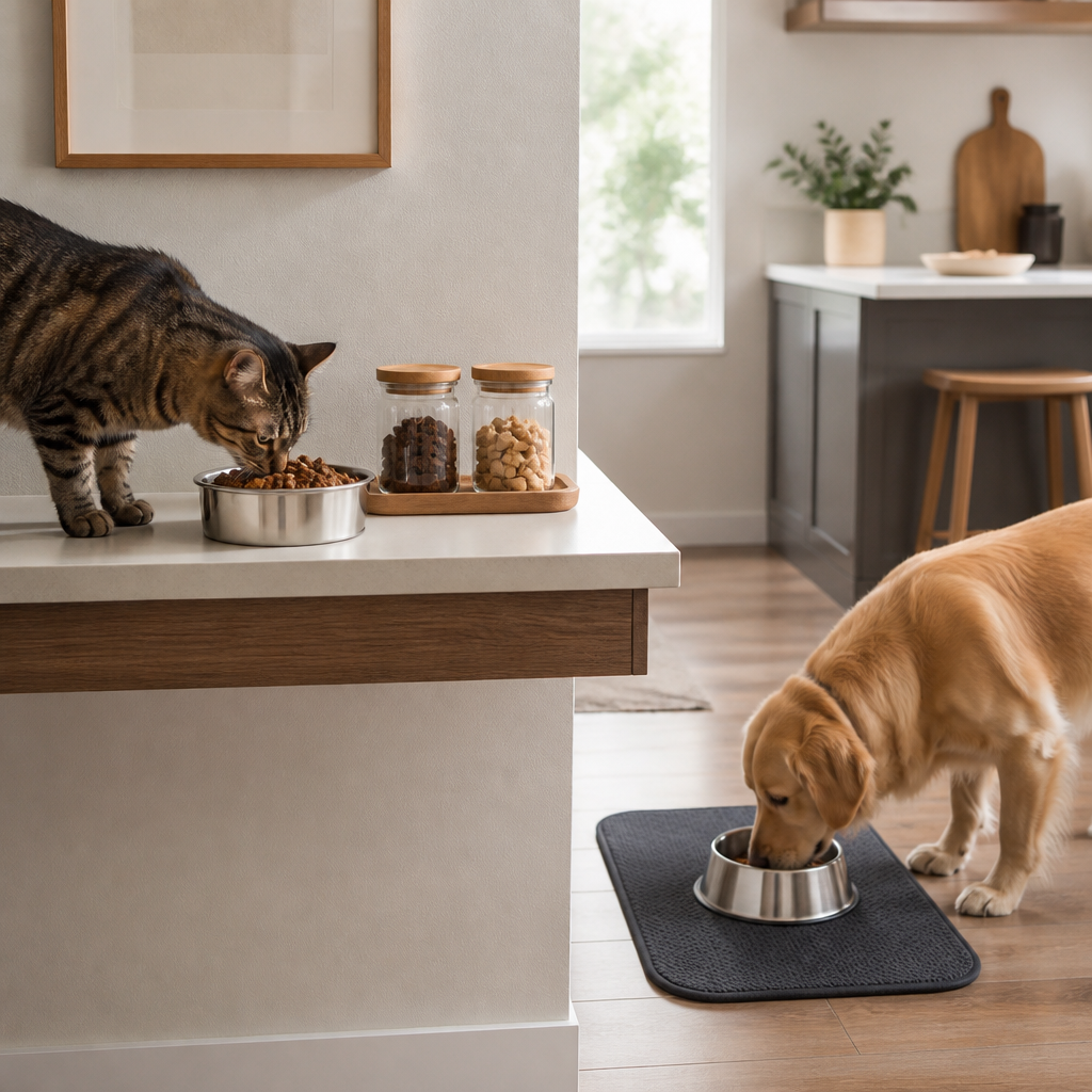 Separate feeding spots for a dog and a cat, with treats stored on a high shelf to help avoid mix-ups at home.