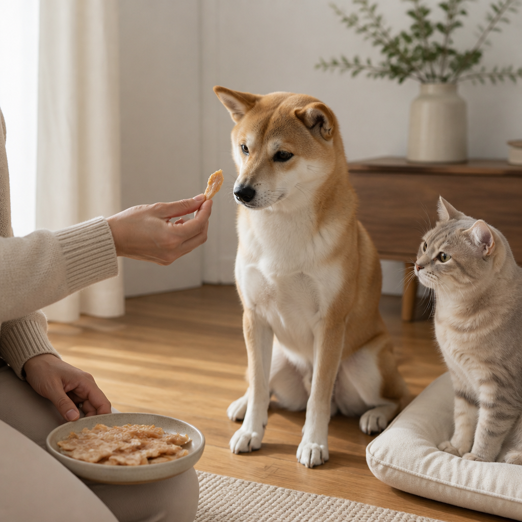 Hands offering a small plain meat treat to a dog during training, with a cat watching from nearby on a cushion.