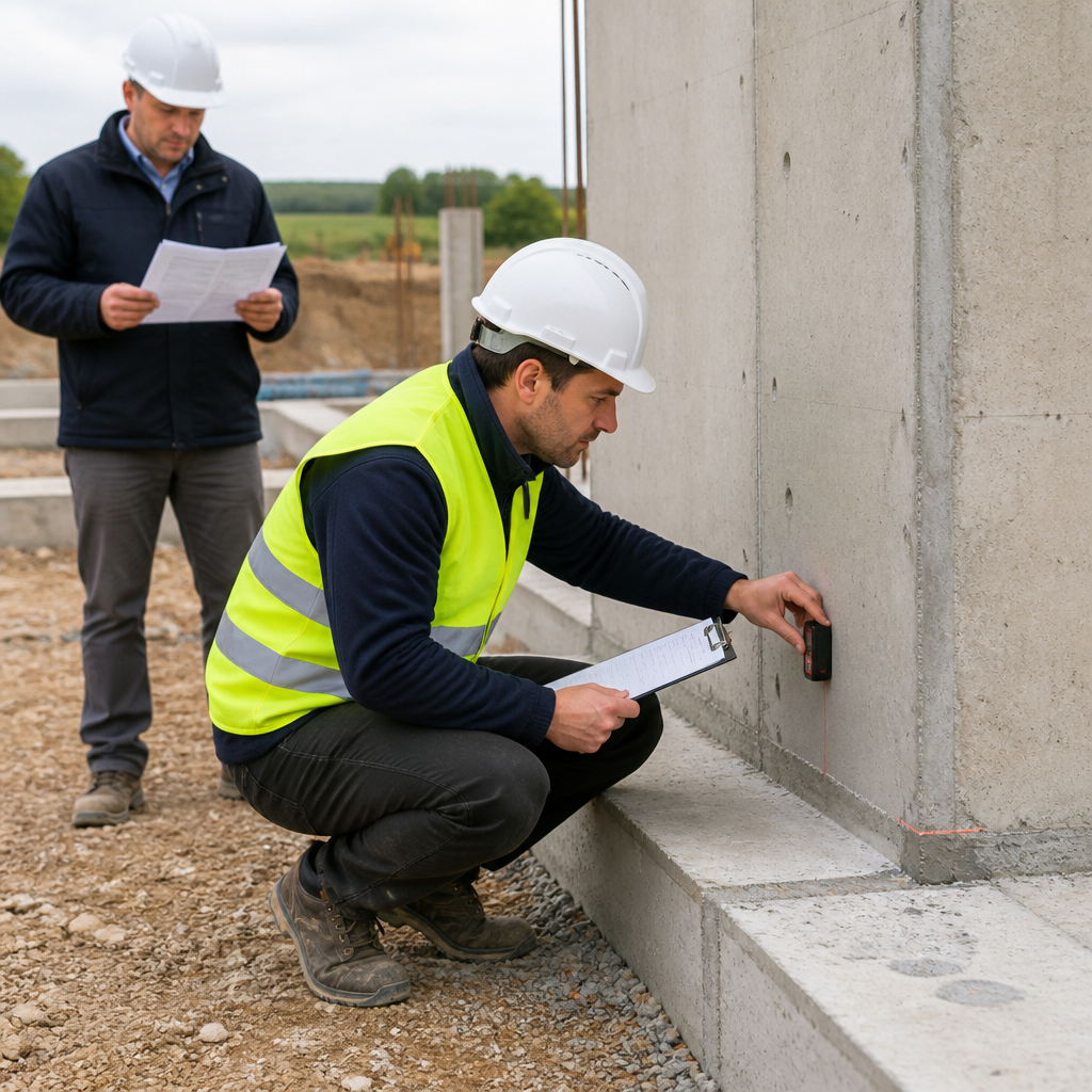 Ingénieur structure contrôlant un mur porteur en béton lors d'une réception de chantier BTP en Côte-d'Or