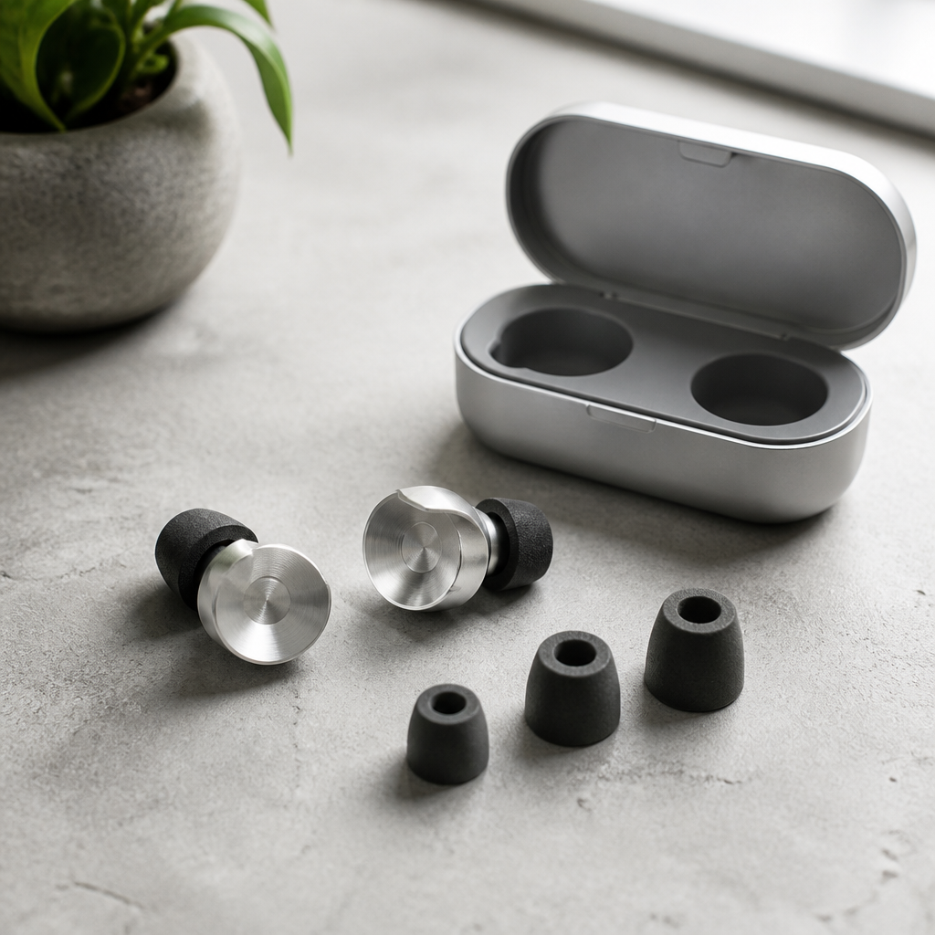 Pair of reusable ear plugs with metal bodies and foam tips in three sizes on a light stone surface