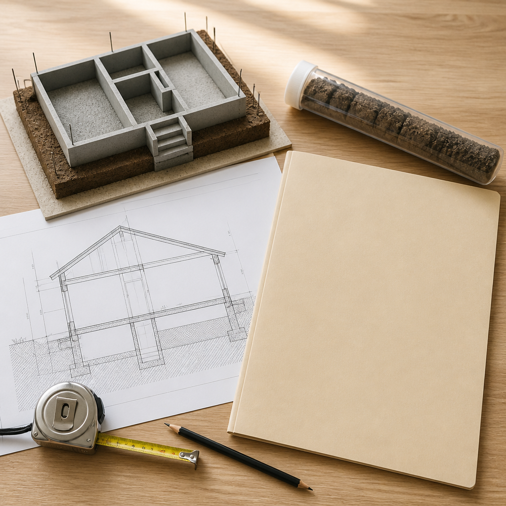 Dossier de contrôle, plans et échantillon de sol préparés pour une checklist structurelle de chantier