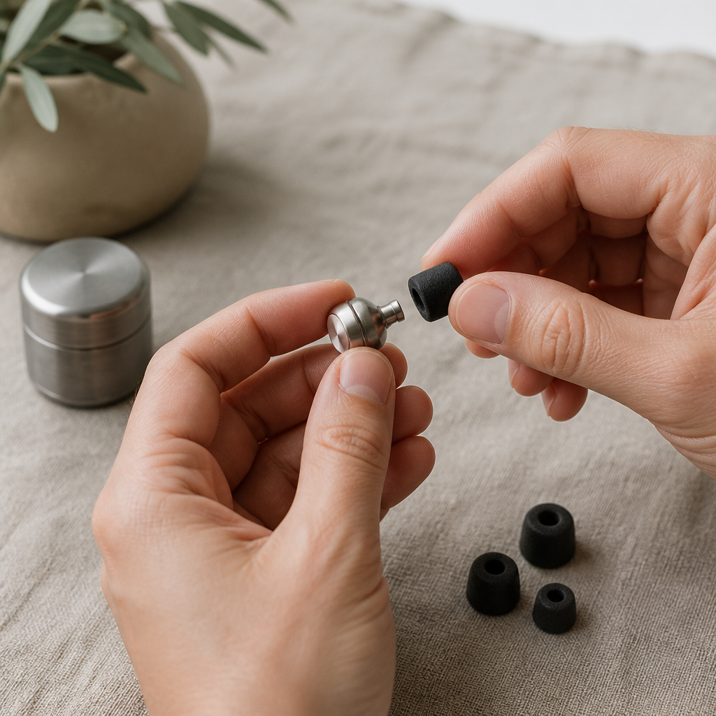 Hands swapping a foam tip onto a metal ear plug body beside spare tips of different sizes