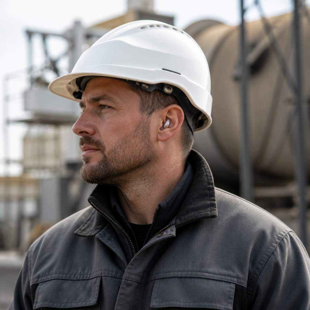 Construction worker at a loud industrial site wearing reusable ear plugs with metal bodies