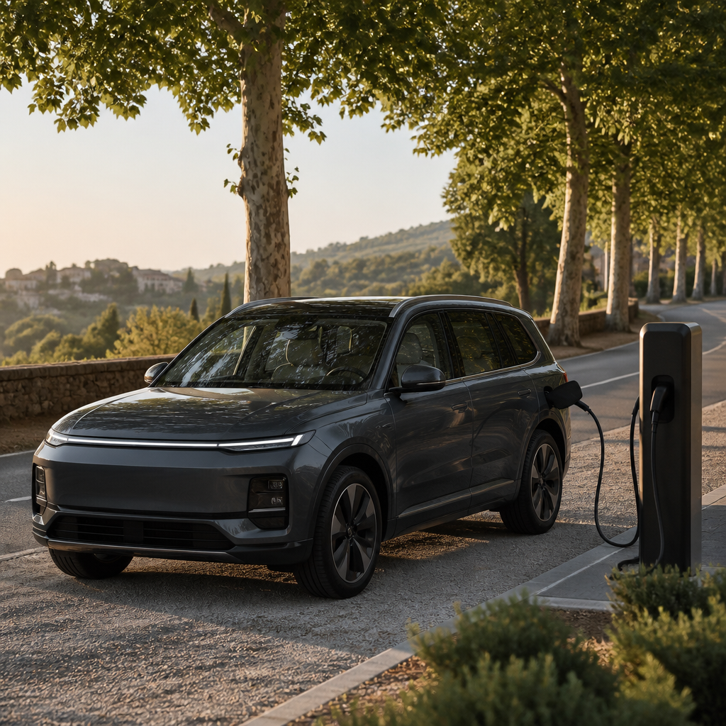 SUV eléctrico gris de siete plazas cargando en una estación de recarga junto a una carretera europea