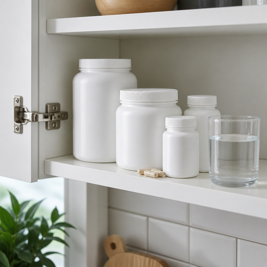 Plain supplement tubs and capsule bottles stored on a cool kitchen cupboard shelf, away from the bathroom, in a UK home.