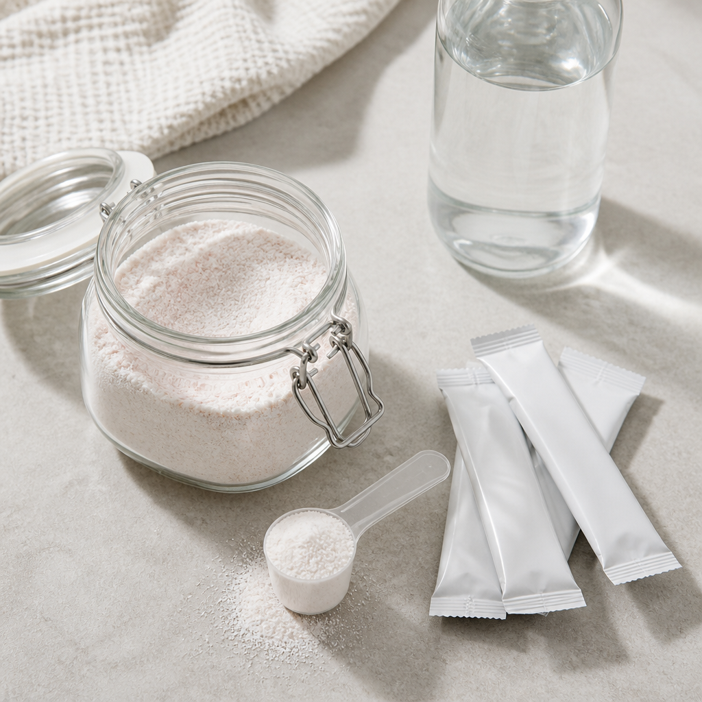 Electrolyte powder in an airtight jar with a scoop and sealed sachets, showing dry storage for hydration supplements.