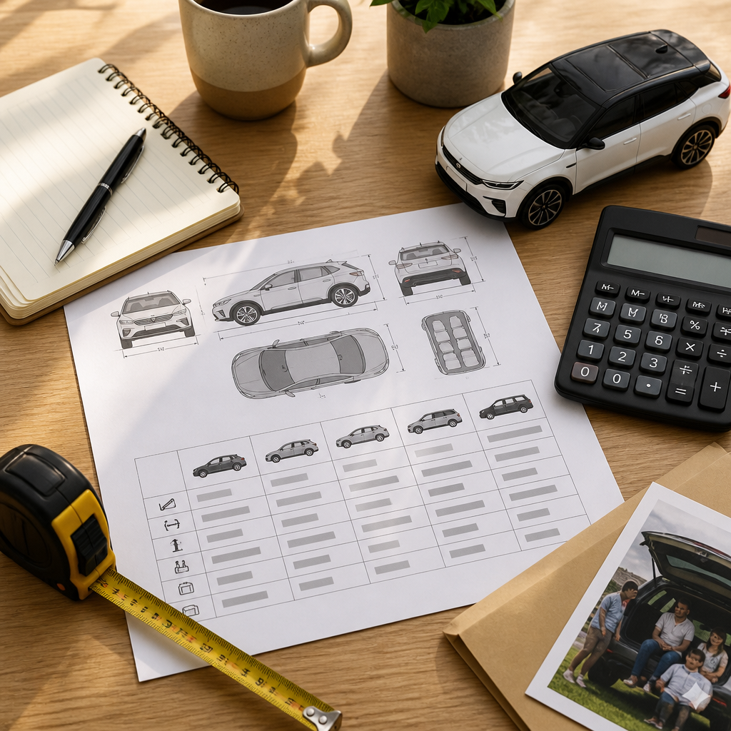 Mesa de planificación con hojas de comparación de medidas y autonomía para elegir coche eléctrico familiar