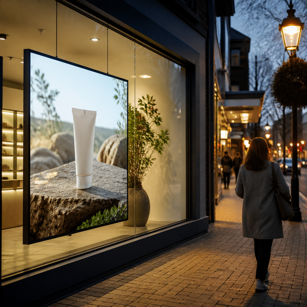 Illuminated high brightness window display glowing in a New Zealand shopfront at dusk, drawing attention from passing pedestrians