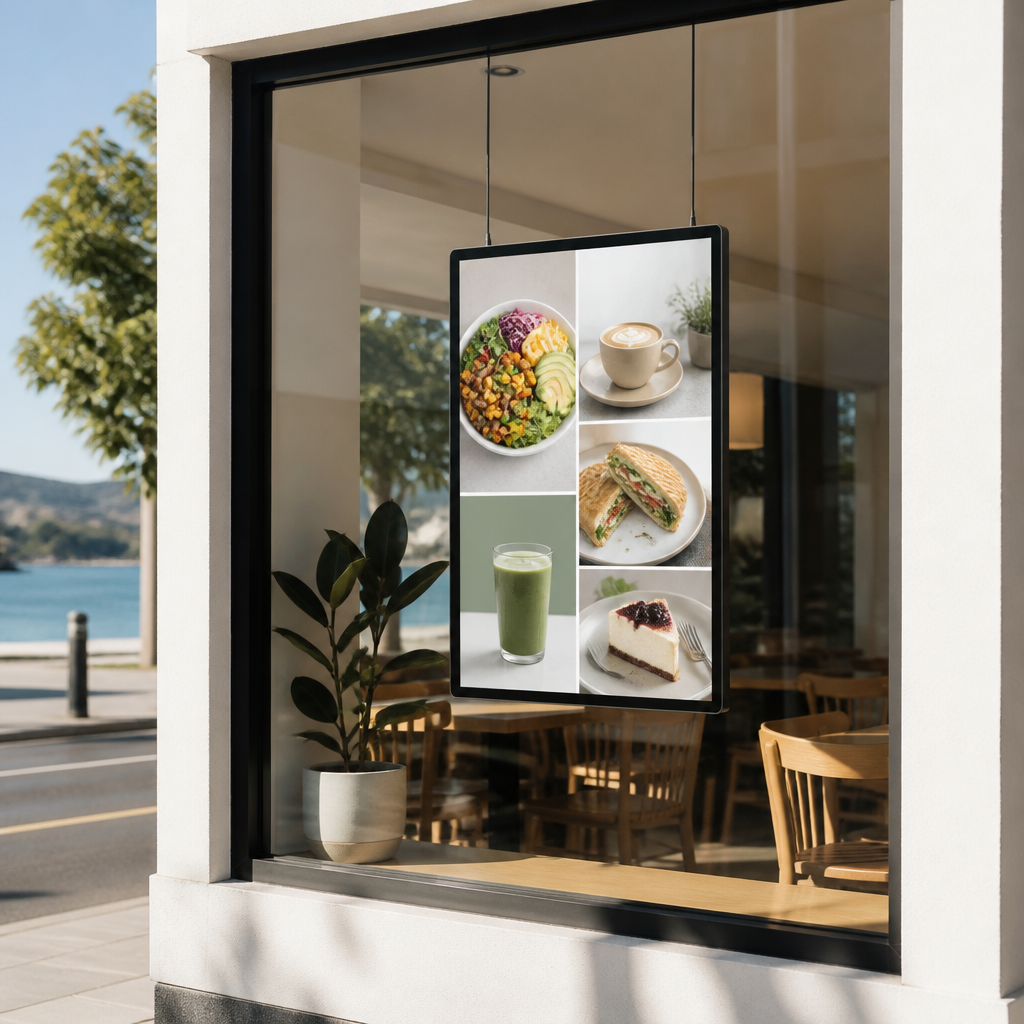 Hanging cable LCD display inside a New Zealand café window, showing a menu screen beside a tidy street-facing storefront