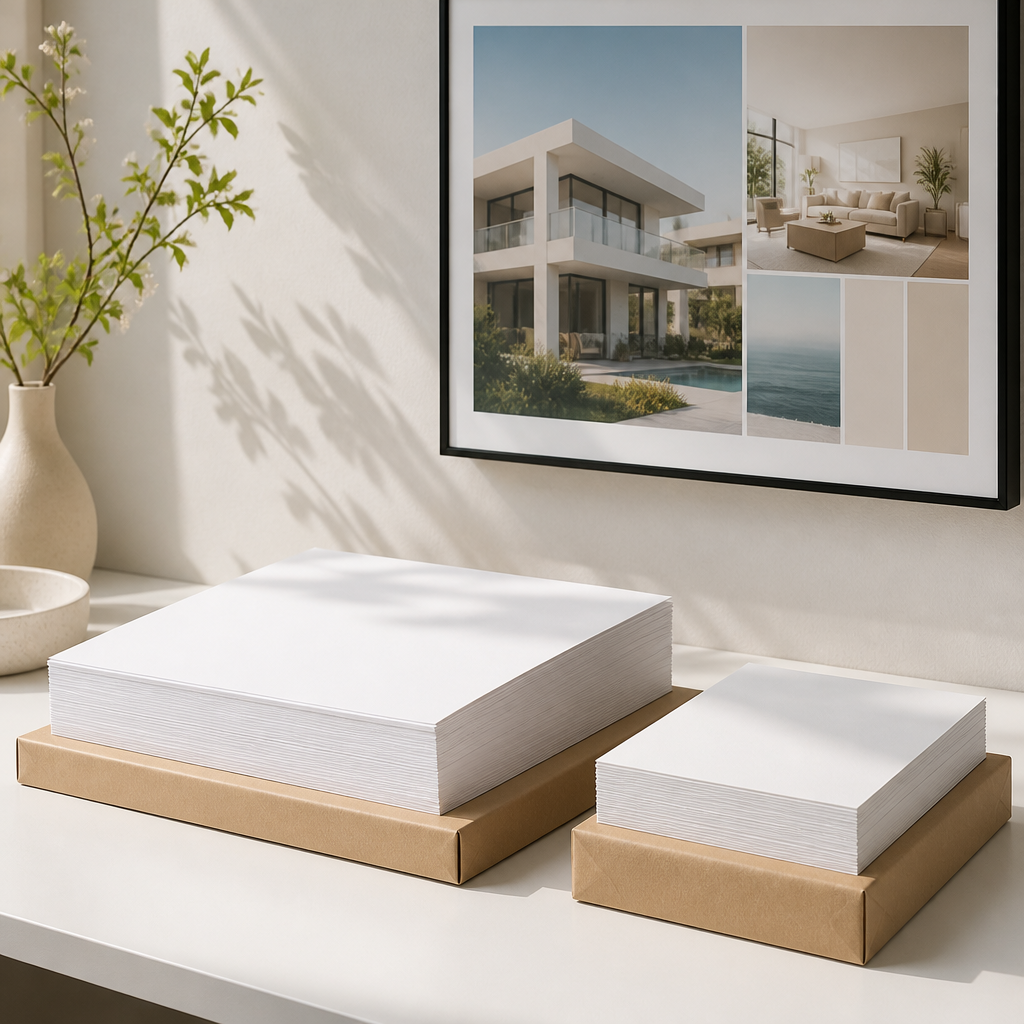 Stack of premium A4 and A3 backlit paper beside a display panel showing a plain property graphic on a bright desk