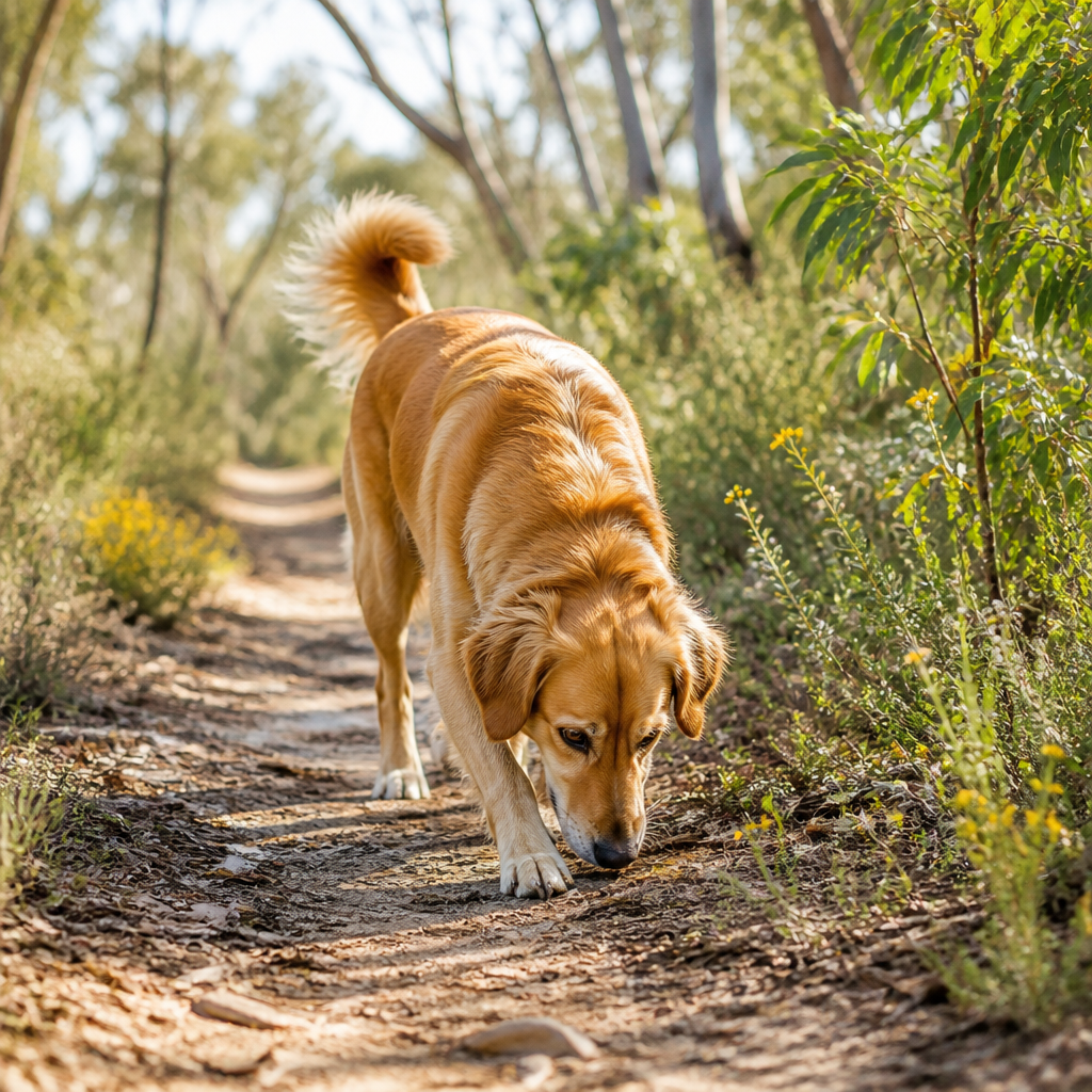 Dog sniffing along a sunlit Australian bushland trail with green spring foliage and wildflowers