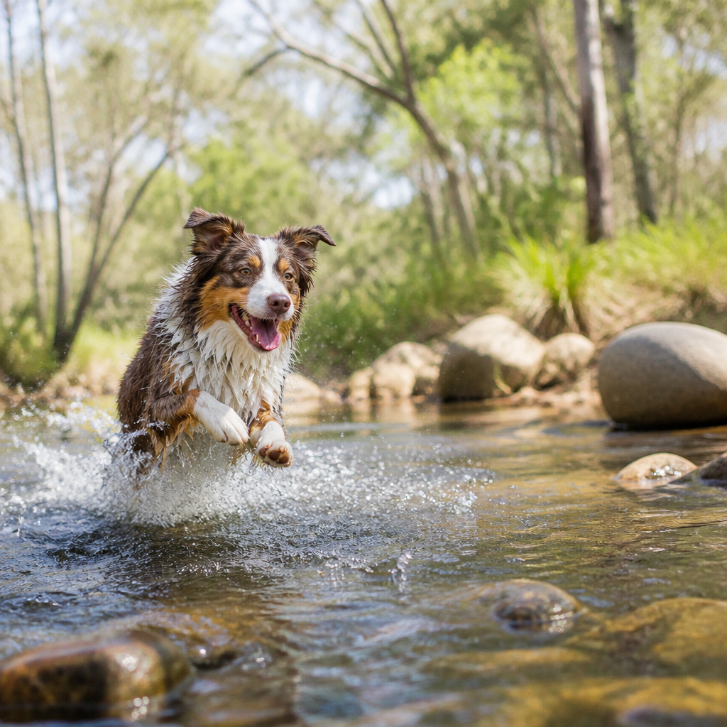 Dog playing in shallow water over smooth stones beside a green Australian riverbank in spring