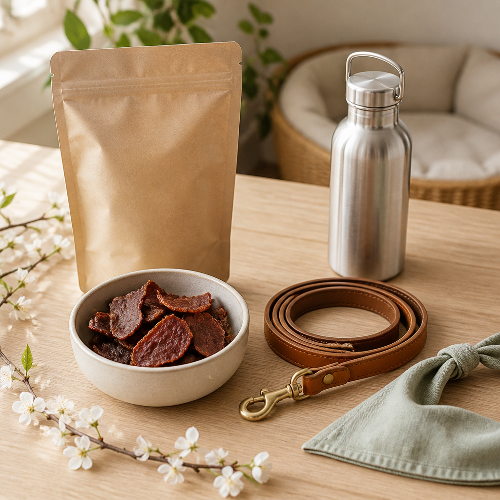 Bowl of air-dried dog treat chips with a leash and water bottle ready for a spring outdoor adventure