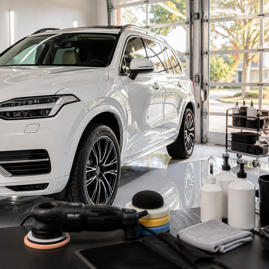 Freshly coated white SUV in a detailing bay, showing the glossy finish that helps protect clear coat in fall.
