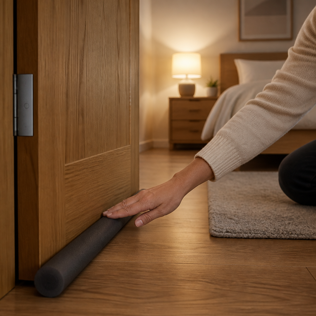 Hand sealing a gap under a bedroom door with foam strip to cut home noise reduction leaks.