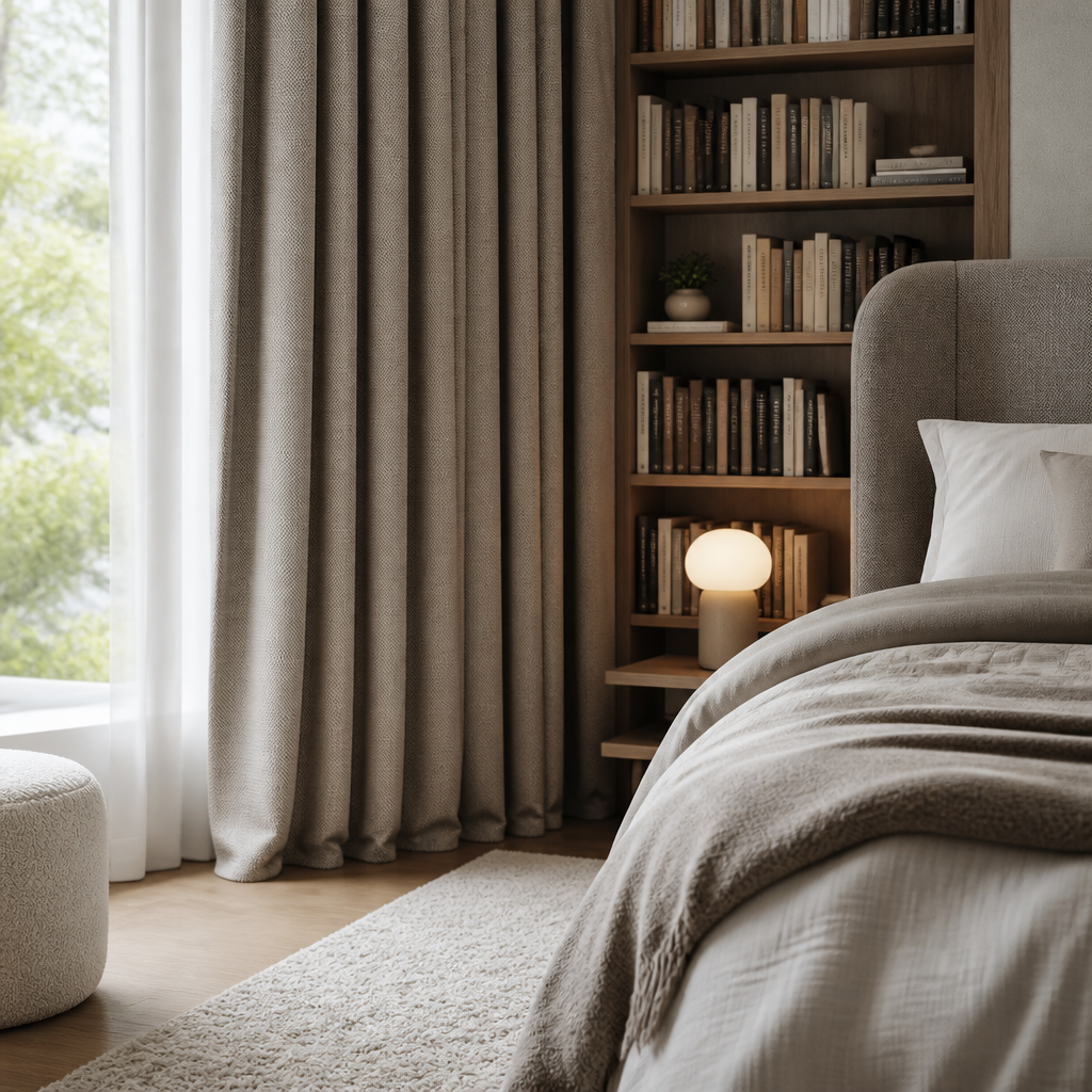 Bedroom with thick curtains, rug and soft furnishings that absorb sound for quieter rooms.