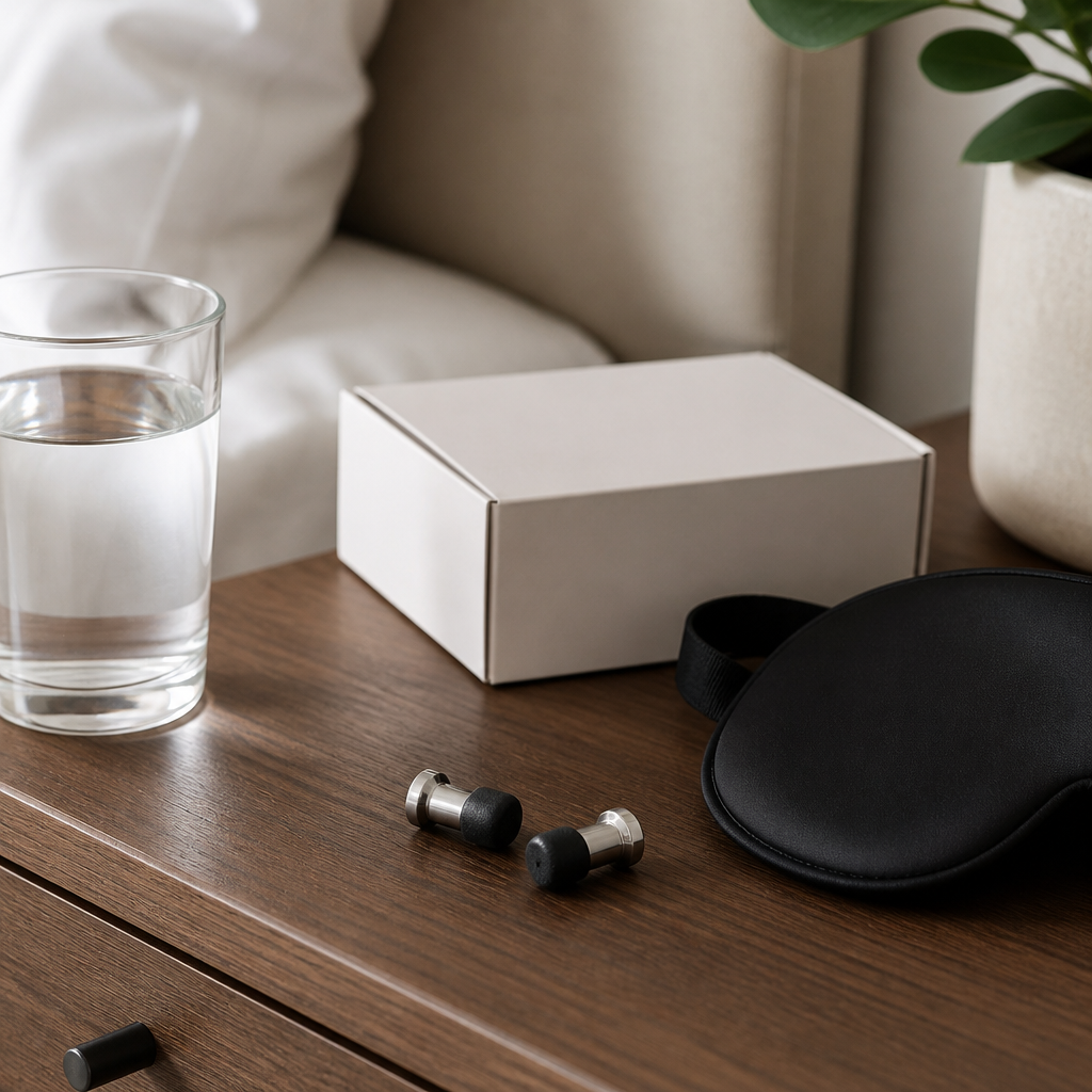 Reusable metal ear plugs with foam tips on a bedside table, an option when other noise fixes fall short.