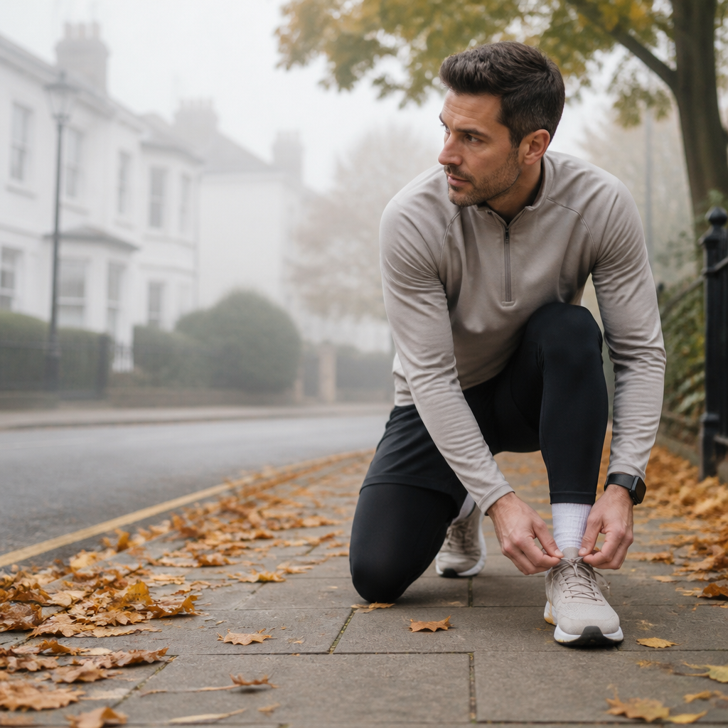 Runner laces trainers on a leaf-strewn UK street in soft autumn morning light, ready for autumn fitness motivation.