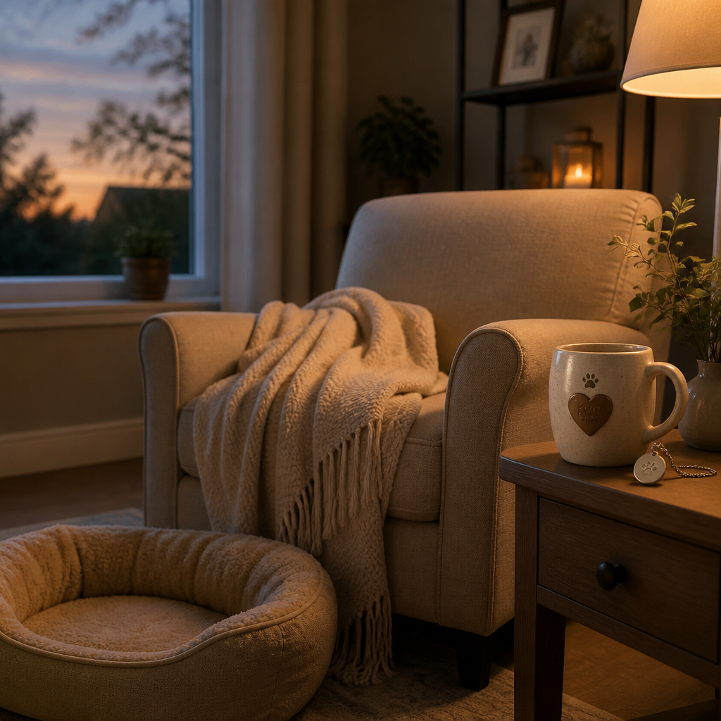 Quiet living room at dusk with an empty pet bed, folded blanket, and keepsake mug, showing solo pet parent grief at home