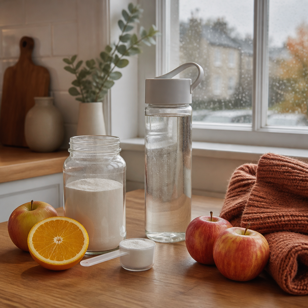 Water bottle, plain electrolyte powder scoop and fresh autumn fruit arranged on a kitchen counter.