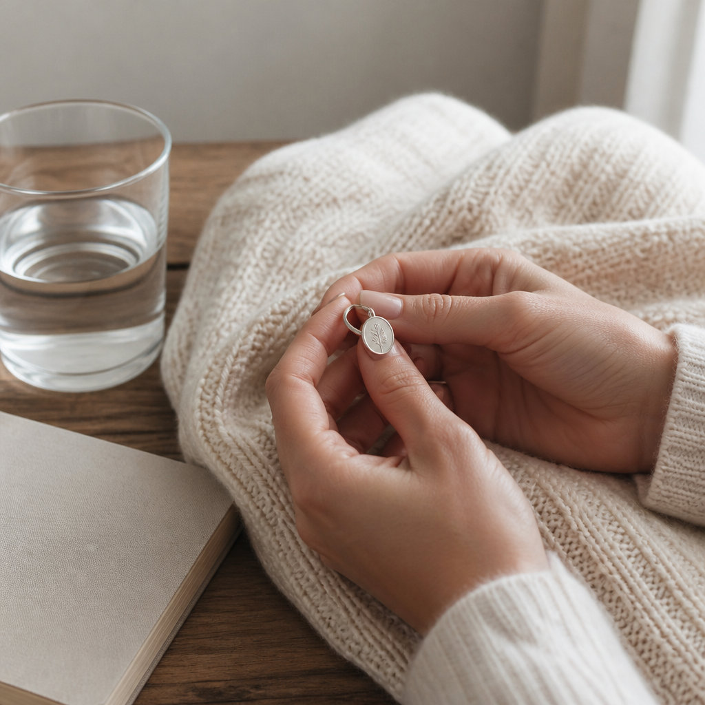 Hands holding a small engraved memorial keepsake over a soft blanket, a gentle ritual for grieving a pet alone