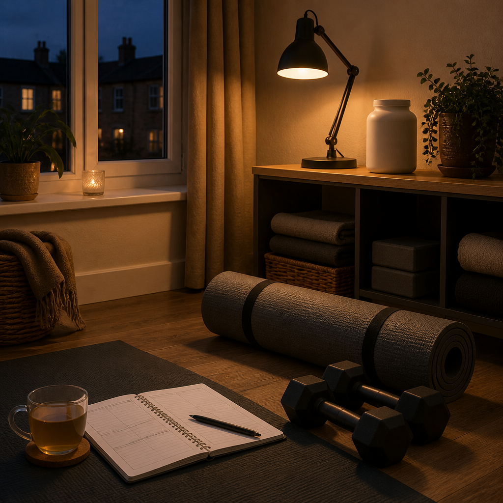 Home exercise corner with mat, dumbbells and warm lamp lit for training on dark autumn evenings.