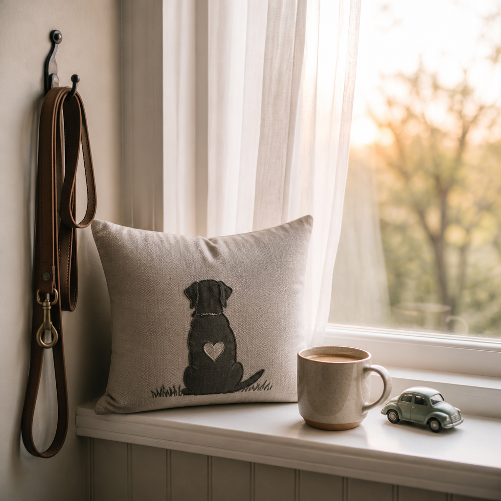 Morning windowsill with coffee, hanging leashes, and memorial pillow, representing routines that steady days after pet loss