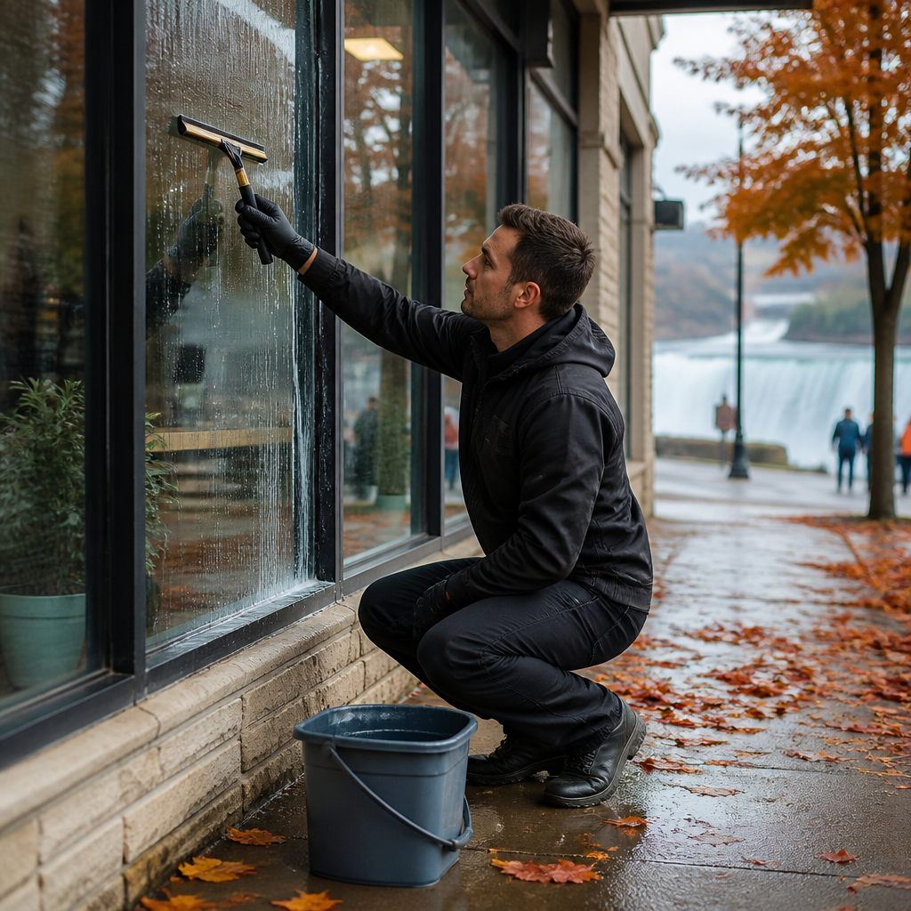 Window cleaner washing a storefront's glass in autumn in Niagara Falls, with fallen leaves on the sidewalk.