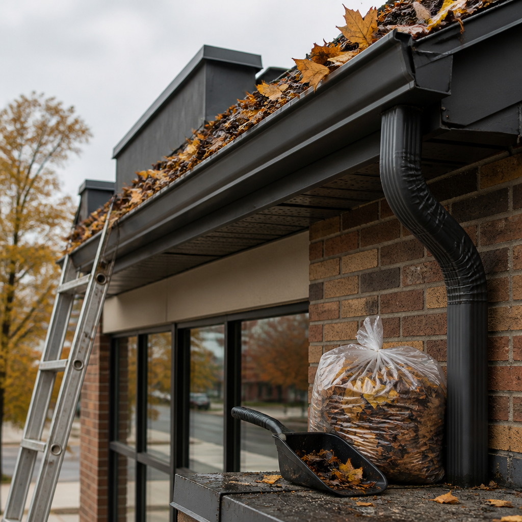Gutter and eavestrough on a brick storefront being cleared of leaves during fall maintenance in Hamilton.