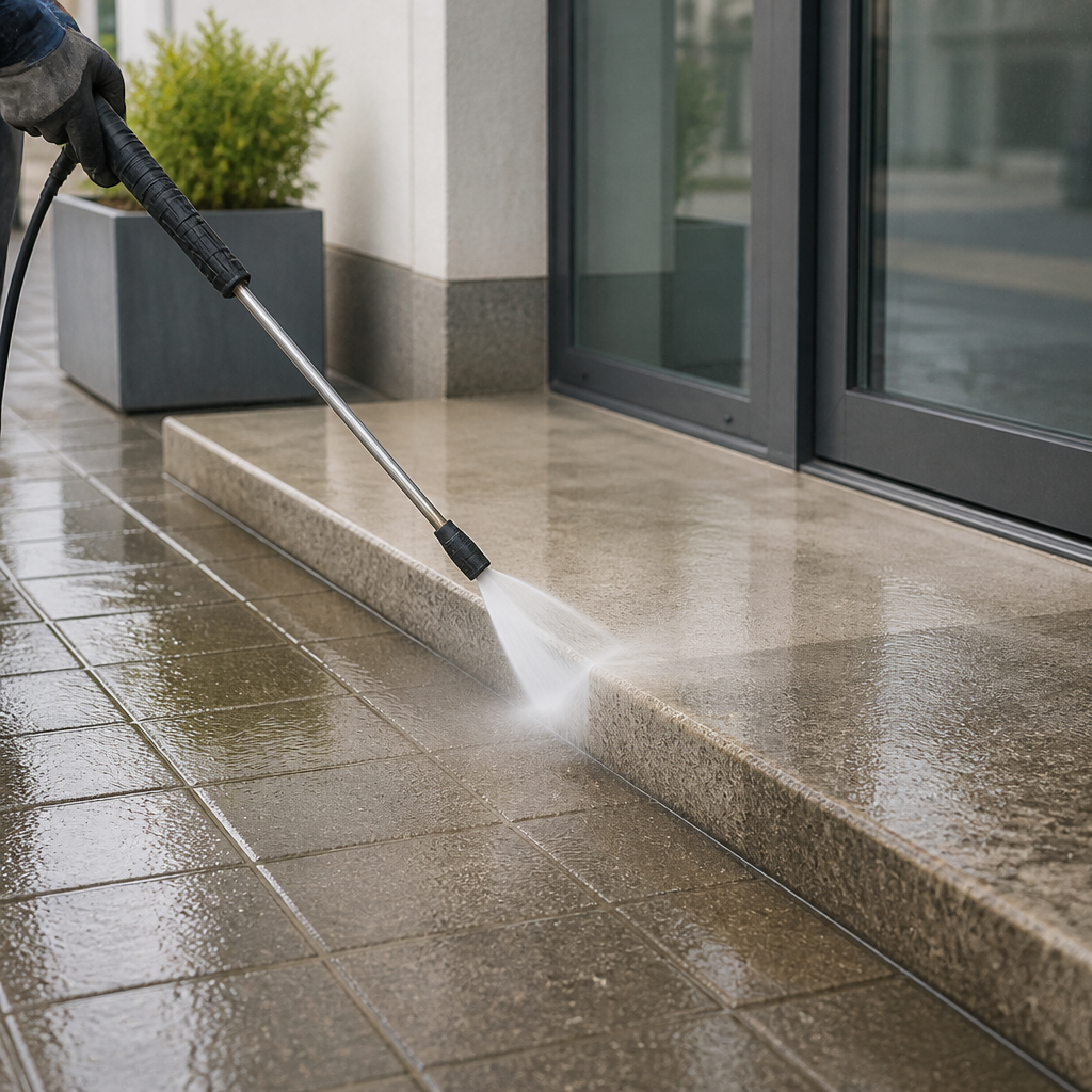 Pressure washing a storefront entrance walkway and threshold to remove grime and road salt residue.