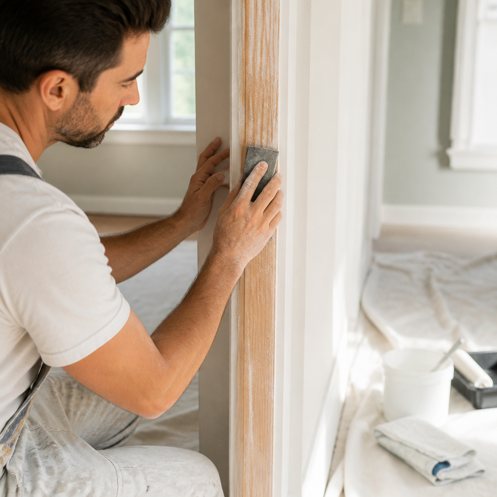 Painter sanding oil-based wooden door trim in a bright Lower Mainland home before repainting with latex.