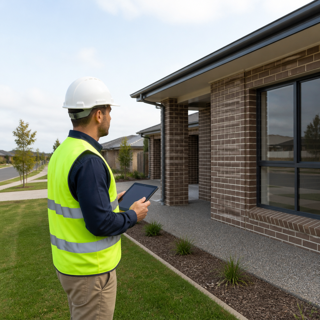 Licensed inspector checking a newly built house exterior during a house and land package inspection in SEQ