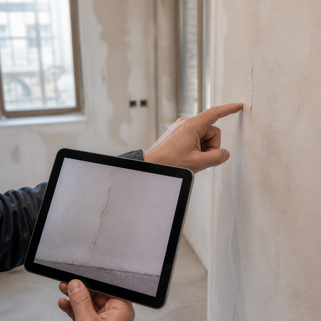 Inspector photographing a wall crack on a tablet during a new home inspection in Queensland