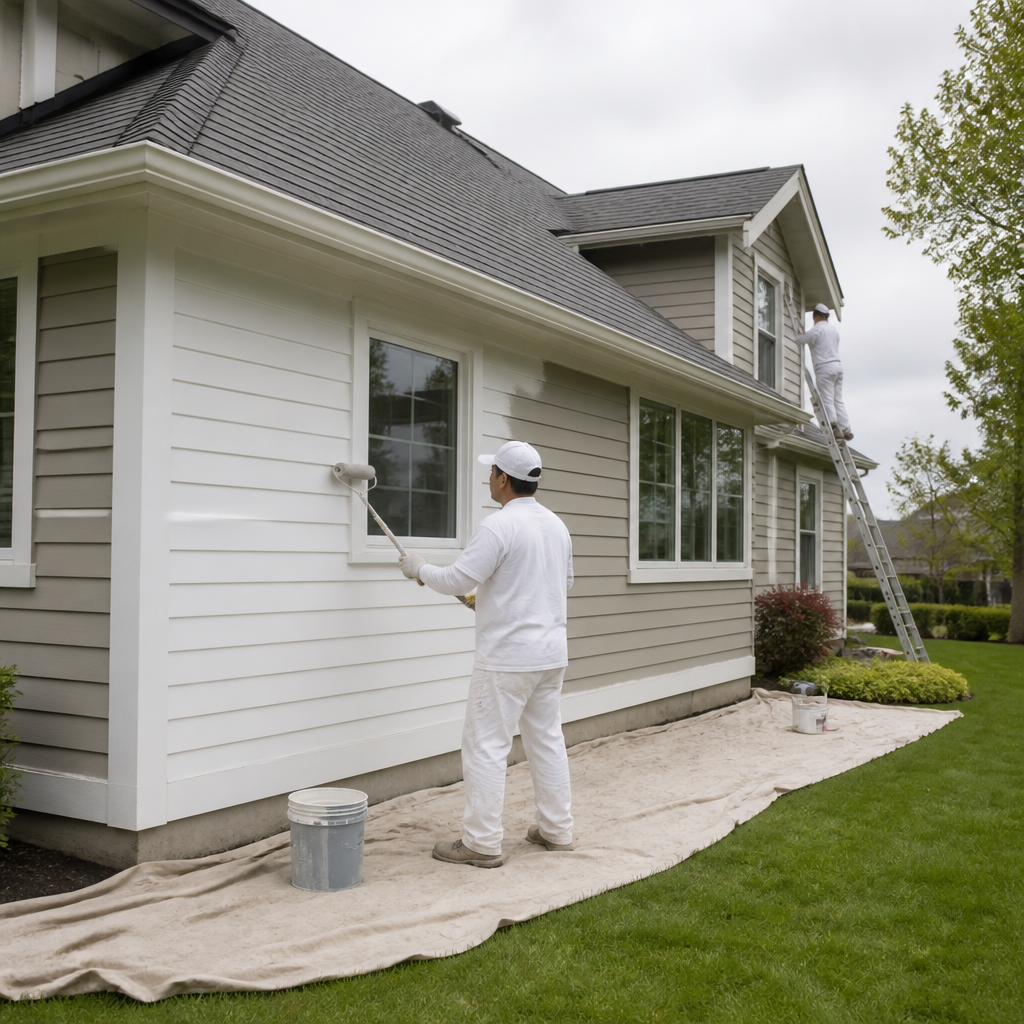 Professional painters priming the exterior siding of a family home in the Fraser Valley.