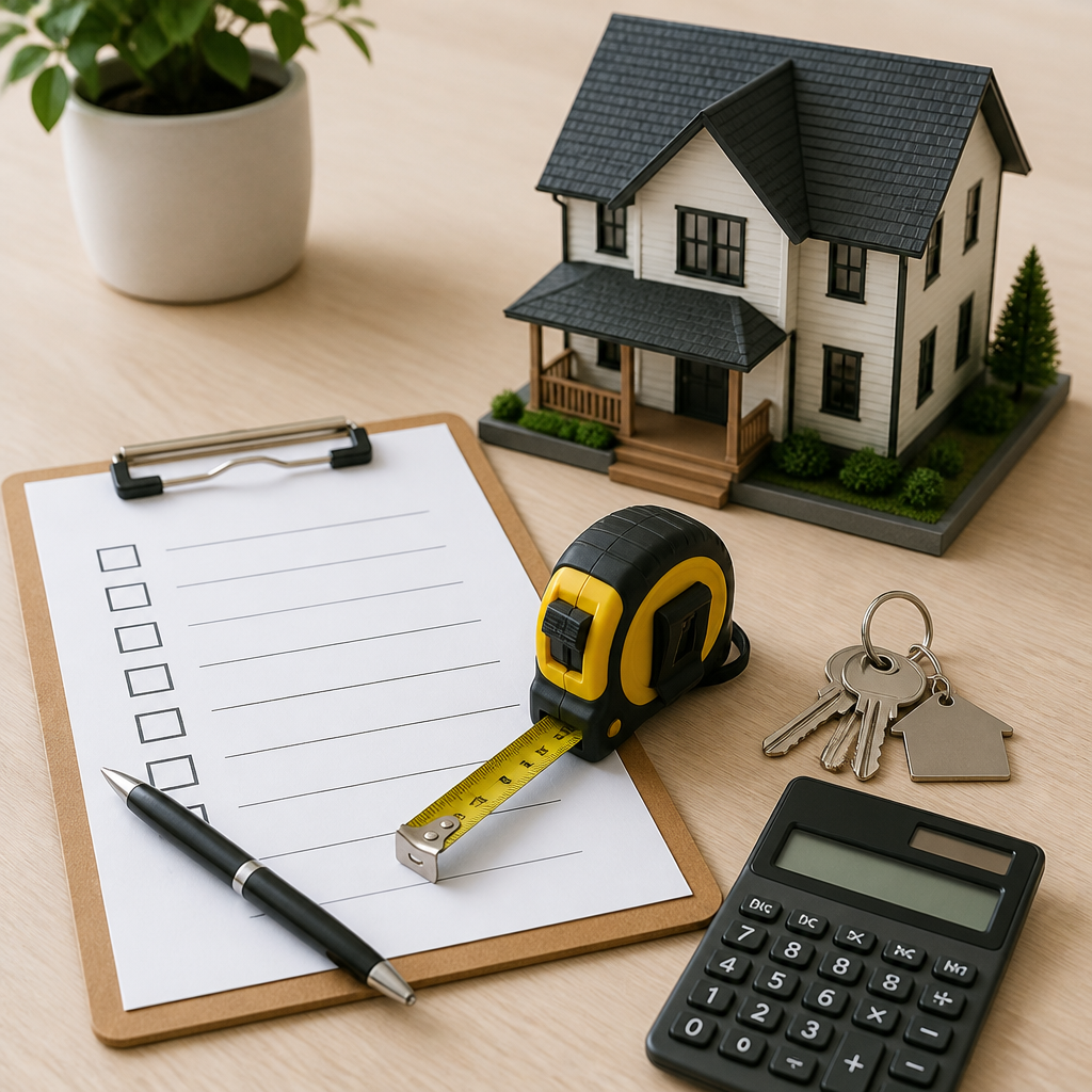 Inspection checklist, keys and measuring tape arranged before settling a new home purchase