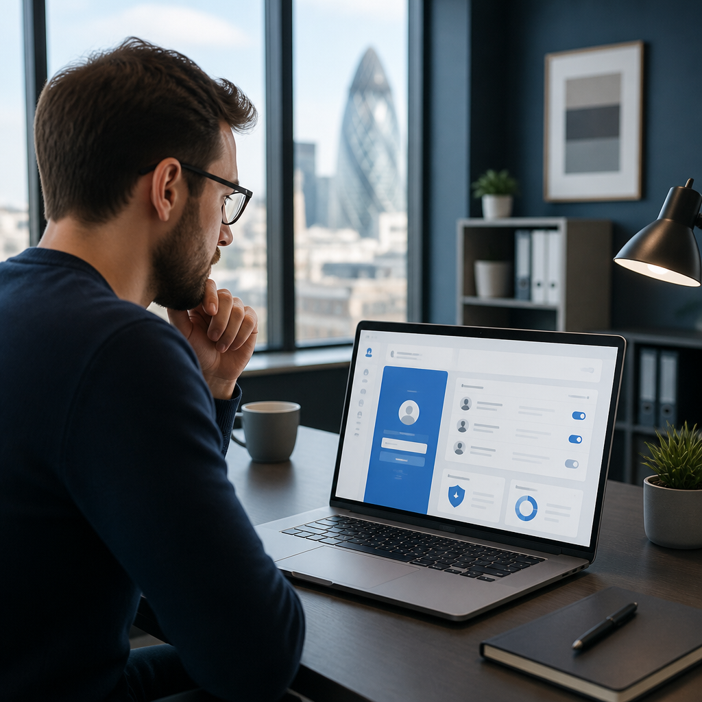 IT engineer reviewing identity protection controls for a London SME on a laptop in a bright, minimal office.