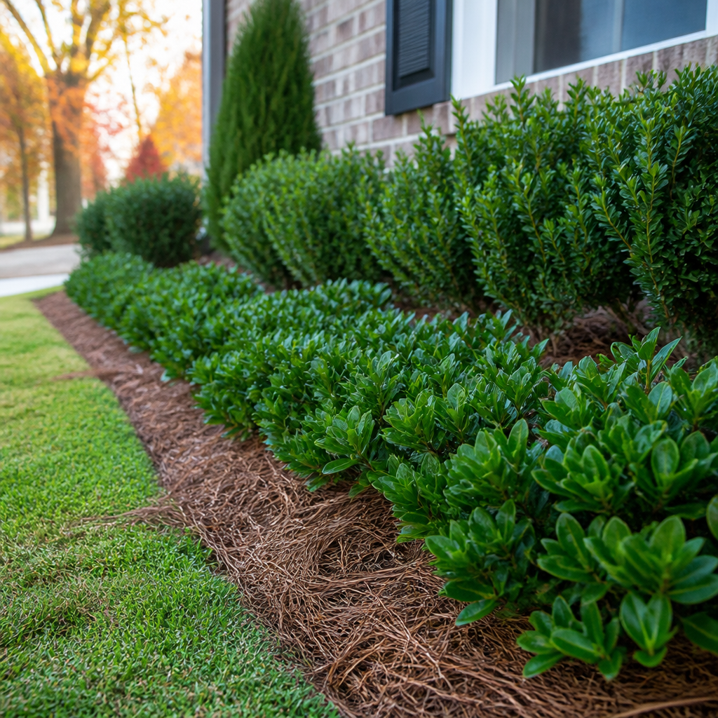 Evergreen cold tolerant ground cover filling a Alabama front bed with pine straw mulch before winter.