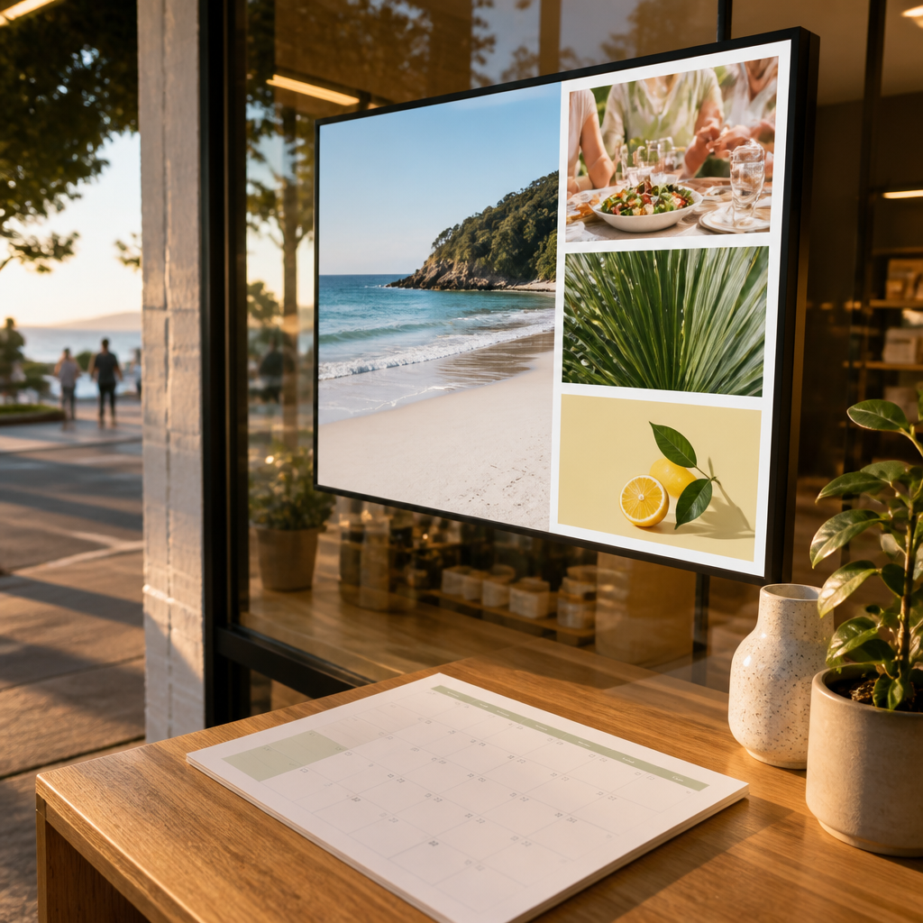 Shopfront window with a digital display screen and a planning calendar on a timber counter for a window display content calendar NZ