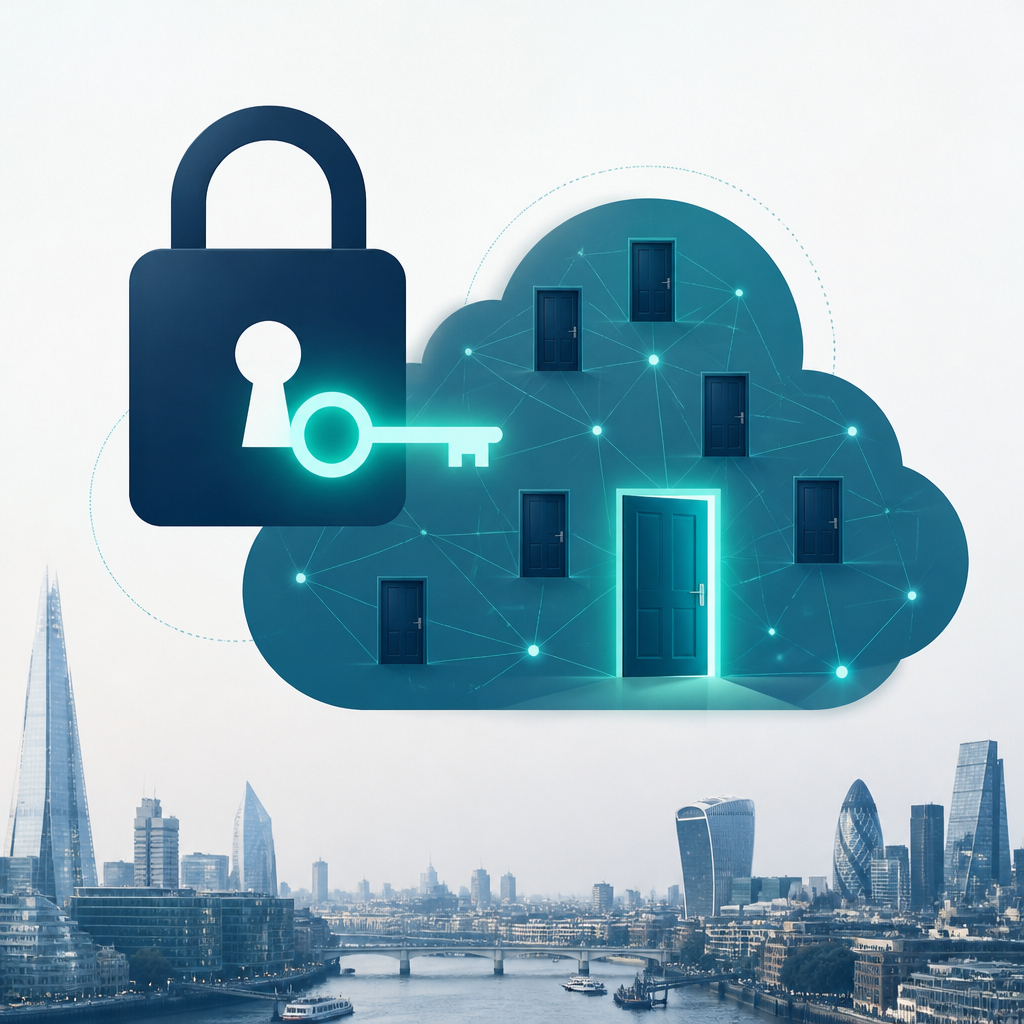 Conceptual graphic of cloud access controls with a padlock and key showing privileged account protection.