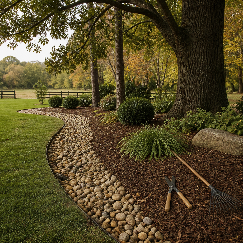 Shaded yard bed under oaks and pines edged with rock and wood mulch, ready for fall landscaping.